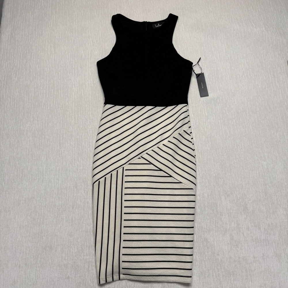 Lulus Fitted Midi Dress Womens Medium Black White Striped Sleeveless Sheath
